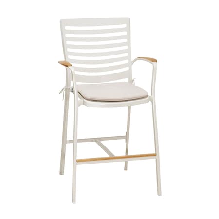 Armen Living Portals Outdoor Patio Aluminum Barstool in Light Matte Sand with Natural Teak Wood Accent LCPLBAWH